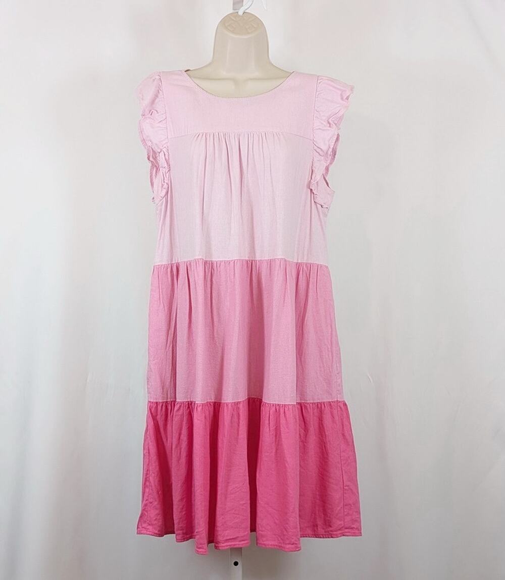 J. Crew Factory Dress Pink Colorblock Tiered Linen Blend Ruffle Women's Size 10